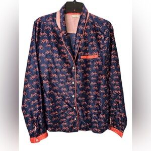Anthropologie Eloise Satin Navy and Pink Bicycle Print Pajama Top